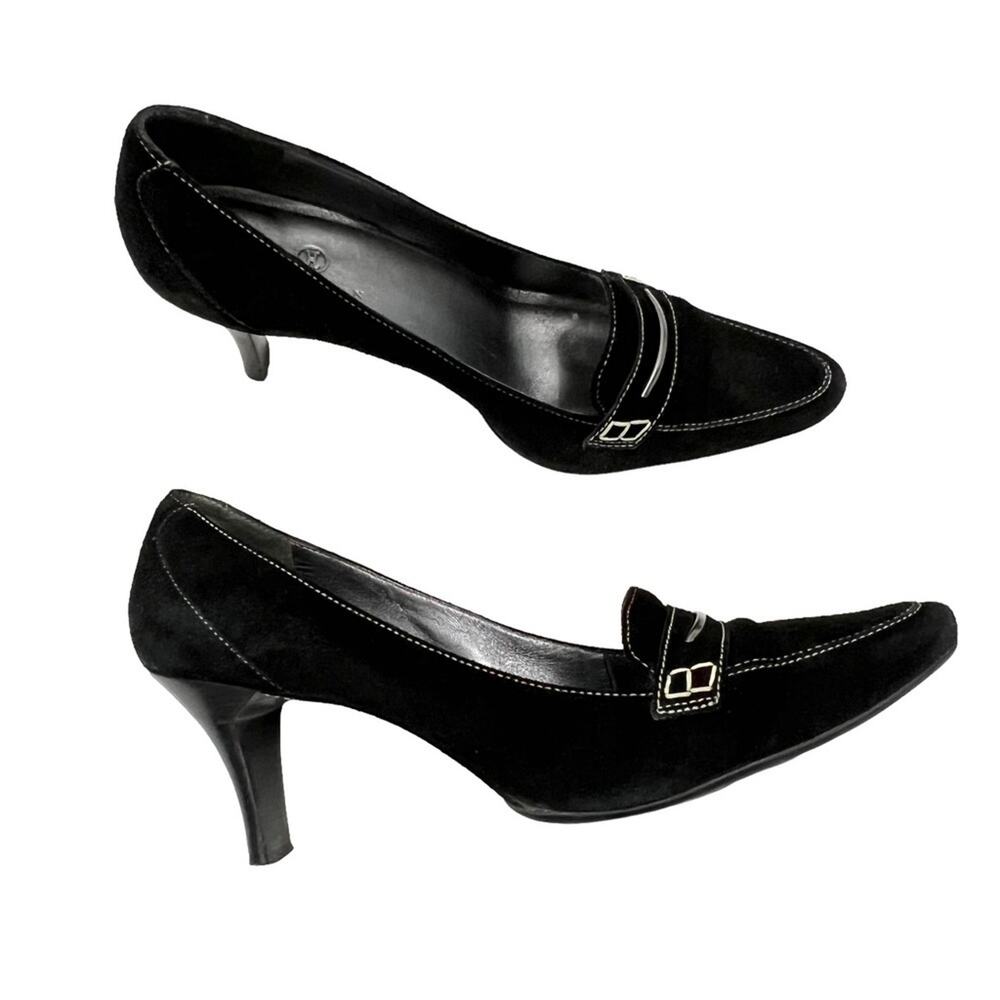COLE HAAN Black Suede White Stitching Heeled Classic Slip-On Shoe Size 10